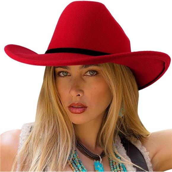 Classic Western Felt Cowboy Cowgirl Hat Red - Picture 1 of 7